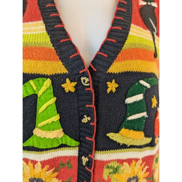 Tiara Vintage Halloween Sweater Vest Large Black Orange Green Pumpkins Cats - Picture 6 of 13